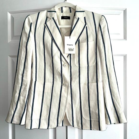 Theory Jackets & Blazers - NWT Theory Blazer Jacket 'Brightdale' Cream Wide Blue Gray Stripe Linen Size 2